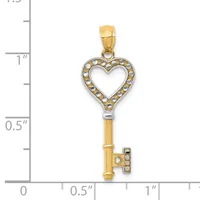 Gold heart-shaped key pendant with crystal embellishments, shown next to a measurement scale indicating approximately one and one-quarter inches in length.