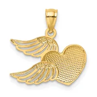 Gold pendant featuring a heart with textured surface flanked by two wings with linear detailing, suspended from a bail loop.