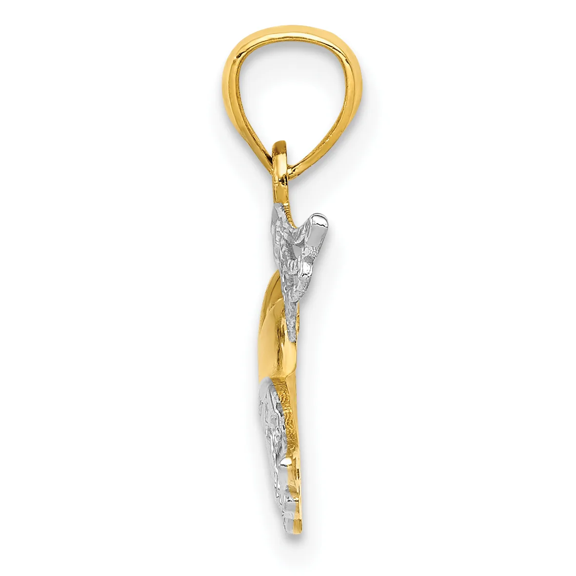 A two-tone gold and silver decorative pendant charm featuring an angel or winged figure, suspended from a gold loop bail.