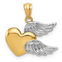 Gold heart pendant with two silver wings attached on either side, shown suspended from a gold bail against a white background.