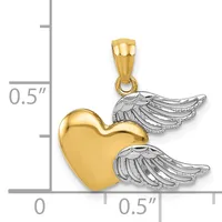 A gold heart pendant with two silver wings attached to either side, shown next to a measurement scale indicating approximately half an inch in height.