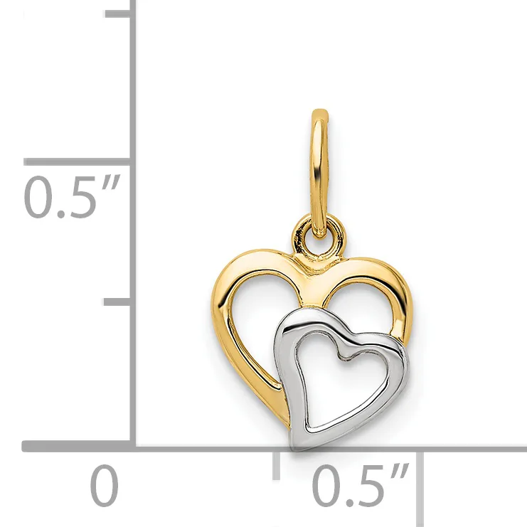 Two-tone gold and silver double heart pendant with a measurement scale showing approximately 0.5 inches in height and width.