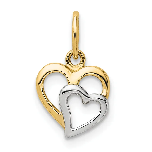 Two interlocking heart outlines, one gold and one silver, hanging from a gold loop bail.