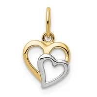 Two interlocking heart outlines, one gold and one silver, hanging from a gold loop bail.