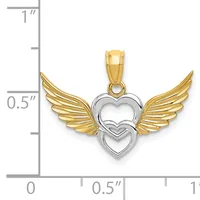 Two-tone gold pendant featuring two interlocked hearts in white gold with gold wings extending from both sides, shown with a measurement scale.