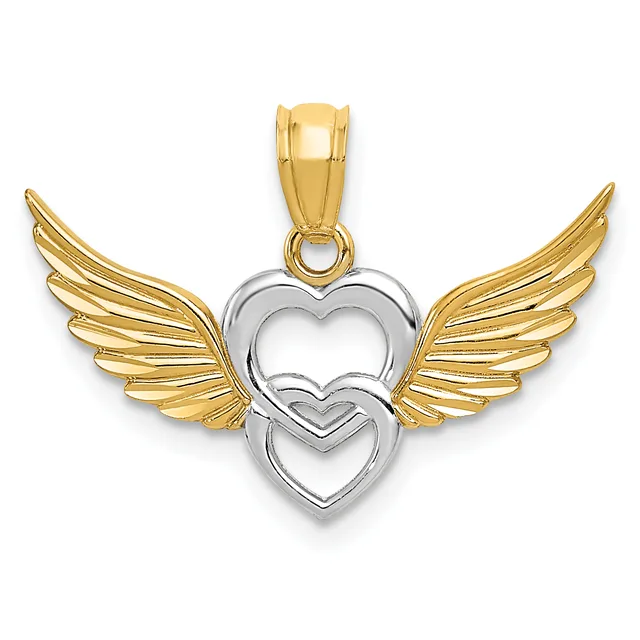 Two-toned gold pendant featuring two nested hearts in silver at center, flanked by pair of gold wings with detailed feather texturing.