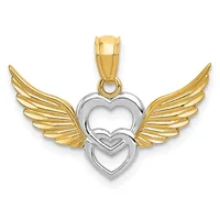 Two-toned gold pendant featuring two nested hearts in silver at center, flanked by pair of gold wings with detailed feather texturing.