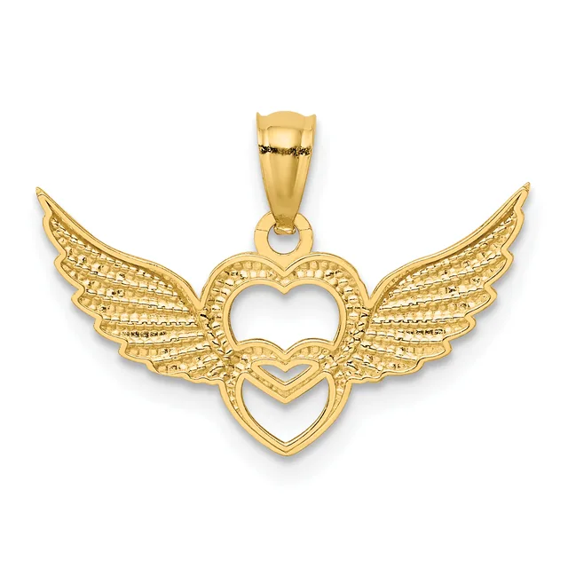 Gold pendant featuring two nested hearts with detailed feather-textured wings extending from either side and a small bail loop at the top.