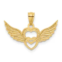 Gold pendant featuring two nested hearts with detailed feather-textured wings extending from either side and a small bail loop at the top.