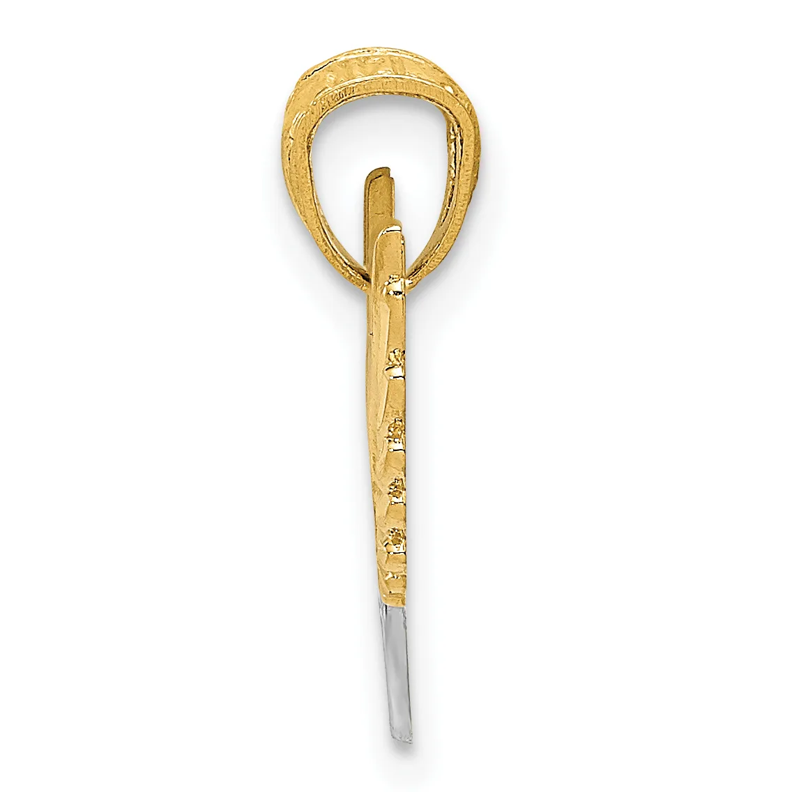 A gold-colored walking stick handle with an ornate loop at the top and a wooden shaft decorated with small floral designs, shown against a white background.
