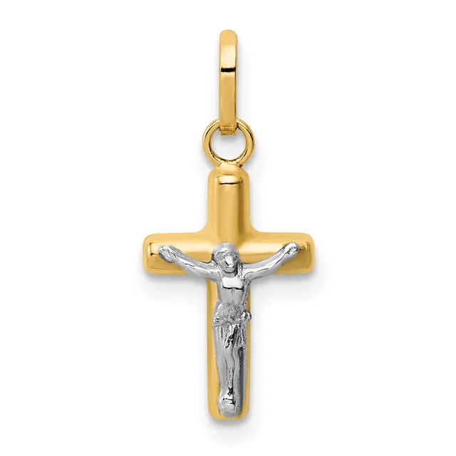 Two-tone gold cross pendant with a white gold crucifix figure, suspended from a gold bail loop.