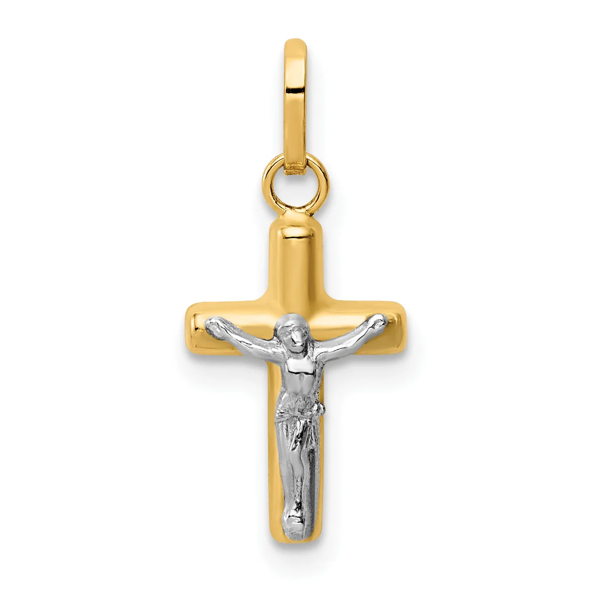 Two-tone gold cross pendant with a white gold crucifix figure, suspended from a gold bail loop.