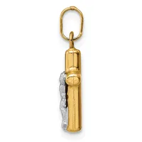 A gold cylindrical pendant with a silver-toned leaf or feather design on one side, suspended from a gold oval loop.