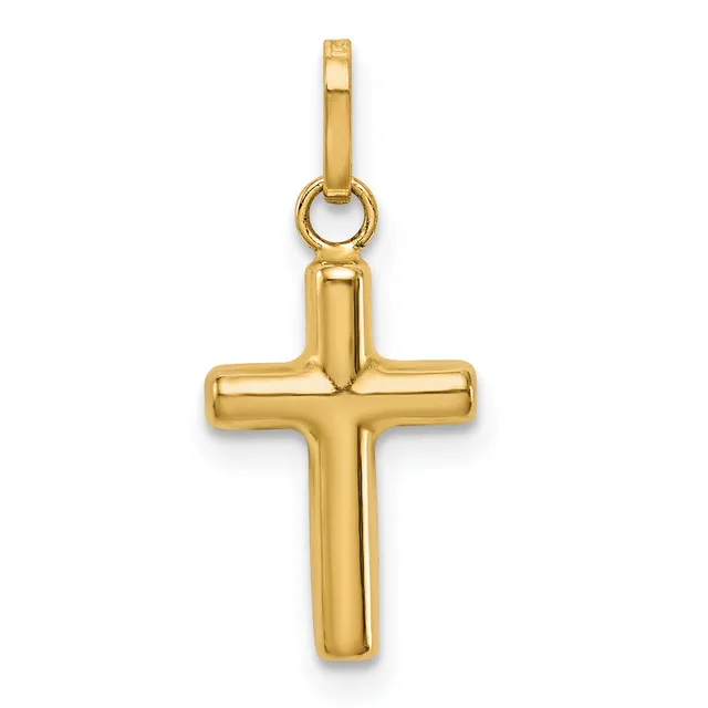 A polished gold cross pendant with a rectangular bail attachment at the top, shown hanging against a white background.