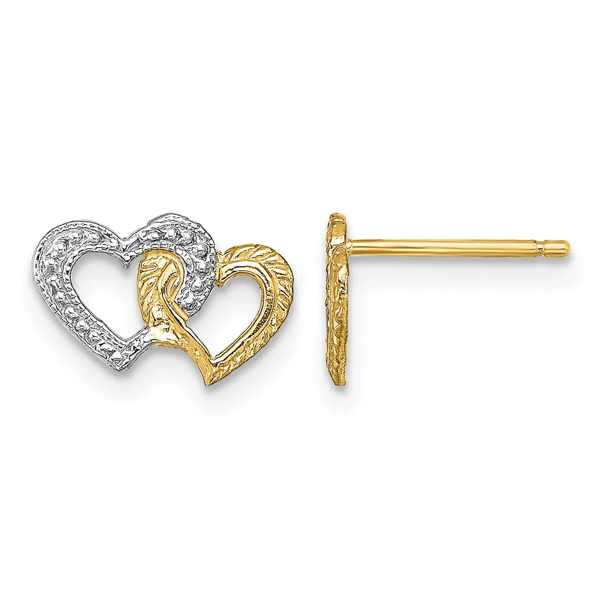 Pair of two-tone gold stud earrings featuring interlocking heart outlines, one with a textured finish and one with a diamond-patterned surface.