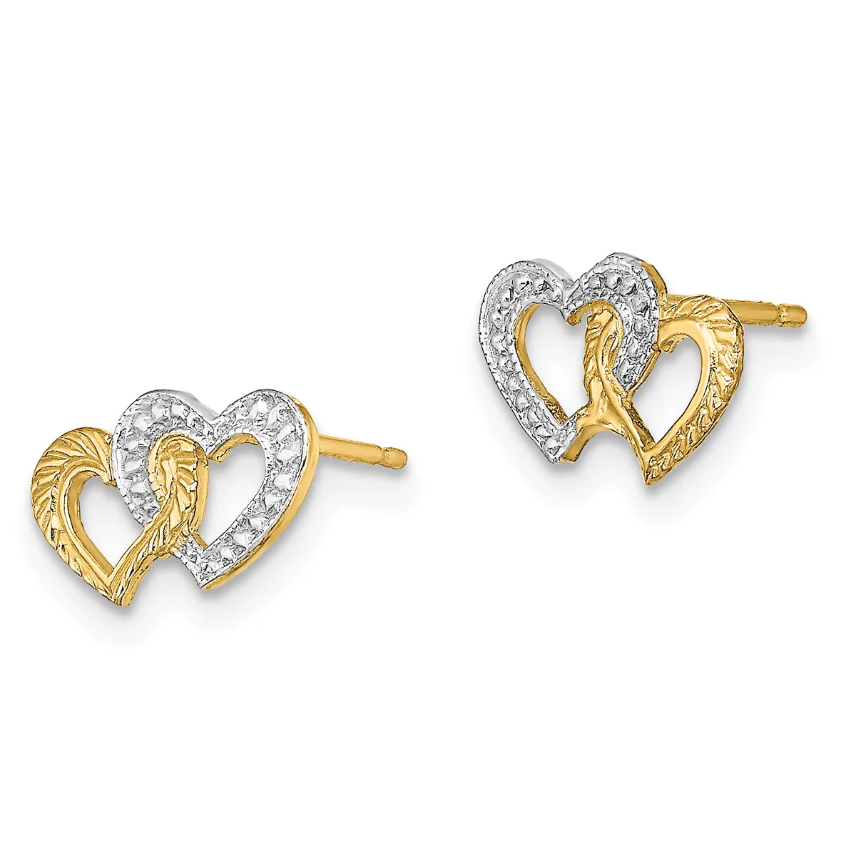 A pair of yellow and white gold heart stud earrings with textured and diamond-set designs, shown from front and back views.