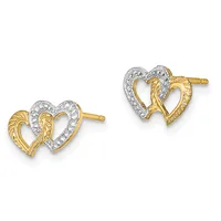 A pair of yellow and white gold heart stud earrings with textured and diamond-set designs, shown from front and back views.