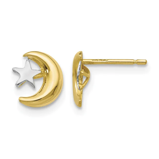 A pair of gold stud earrings with crescent moon and star designs, shown from front and side views with small hallmarks visible on the posts.