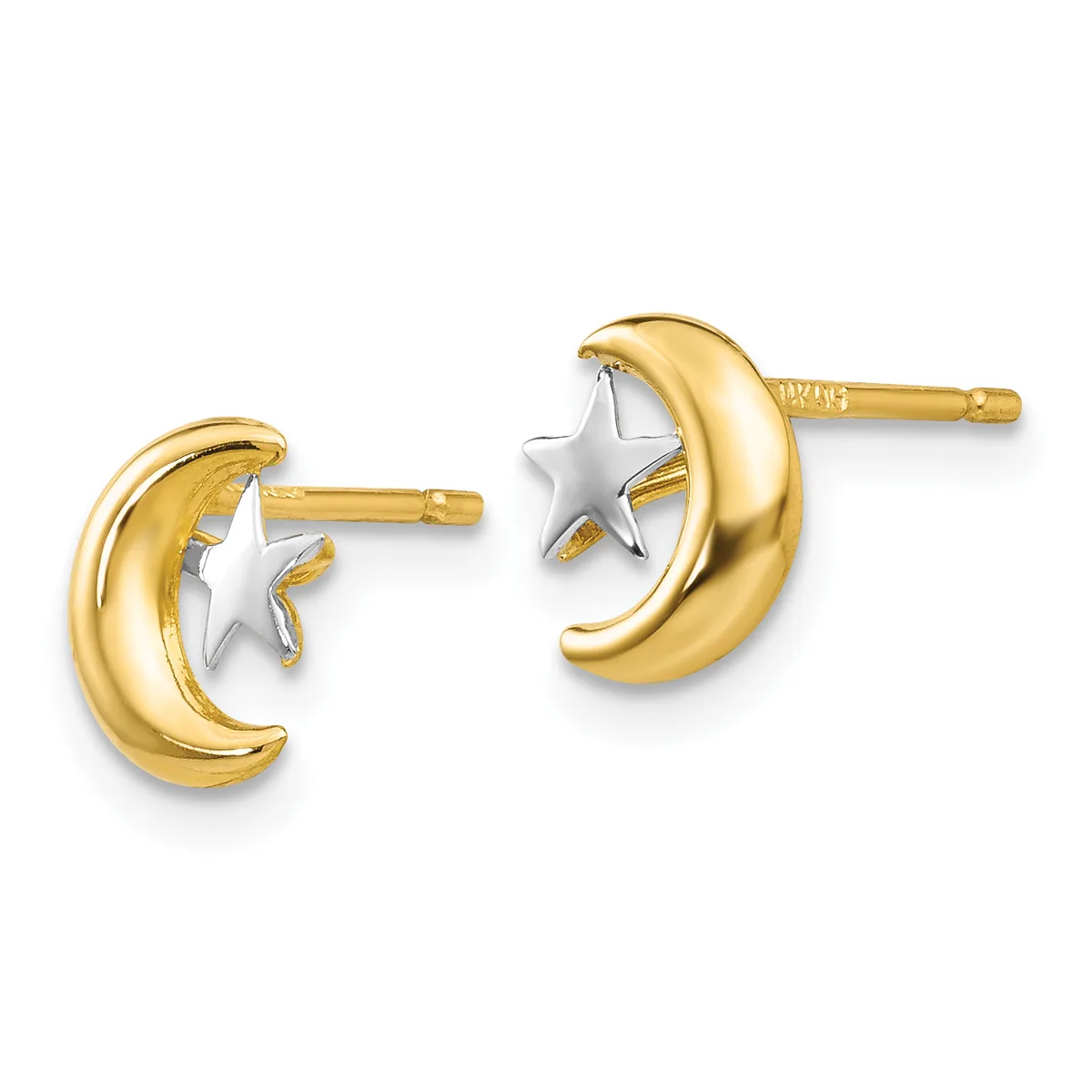 A pair of gold stud earrings featuring crescent moons in yellow gold with white gold stars, displayed on posts with backs.