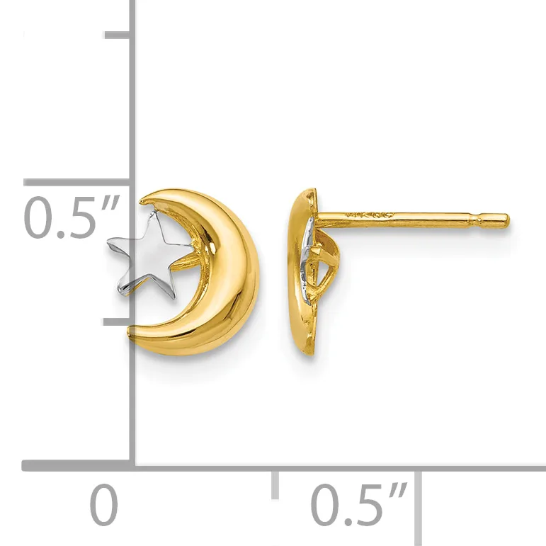 Pair of gold crescent moon stud earrings with white star accents, shown with measurement scale indicating approximately 0.5 inches in size.