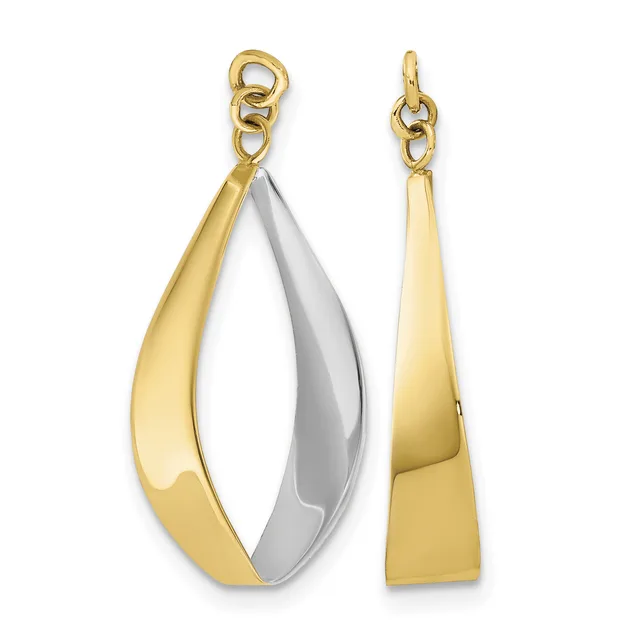 Two gold pendant charms with loop attachments, one featuring a polished teardrop shape and one with a silver-toned curved element, displayed side by side.