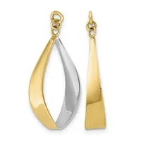 Two gold pendant charms with loop attachments, one featuring a polished teardrop shape and one with a silver-toned curved element, displayed side by side.