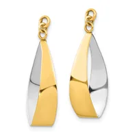 Pair of two-tone drop earrings with gold and silver teardrop-shaped pendants suspended from gold loop clasps.