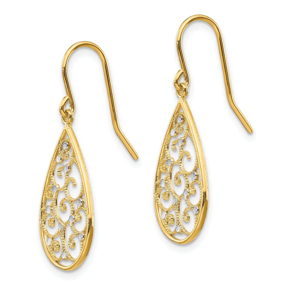 A pair of gold teardrop earrings with intricate filigree patterns and matching shepherd's hook wires.