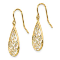 A pair of gold teardrop earrings with intricate filigree patterns and matching shepherd's hook wires.