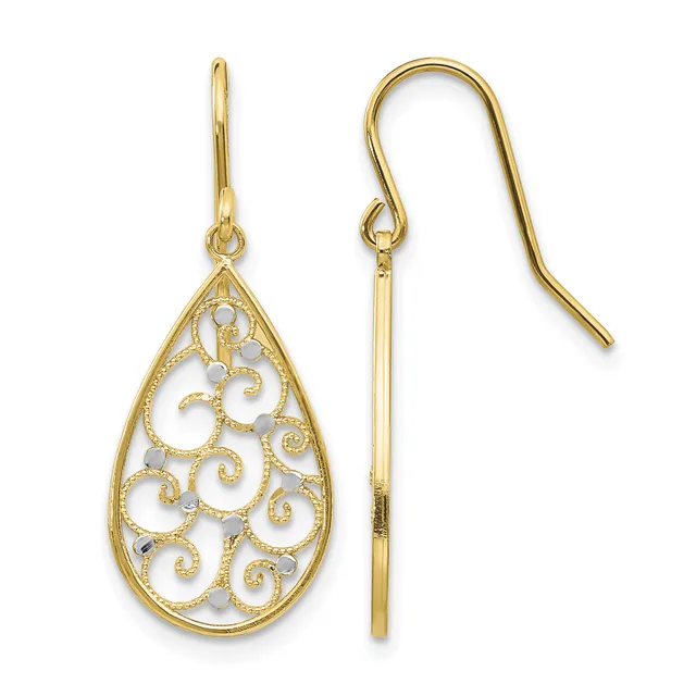 Pair of gold teardrop earrings with ornate scrollwork filigree pattern and matching hook-style ear wires.