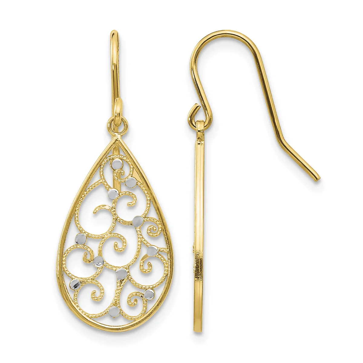 Pair of gold teardrop earrings with ornate scrollwork filigree pattern and matching hook-style ear wires.