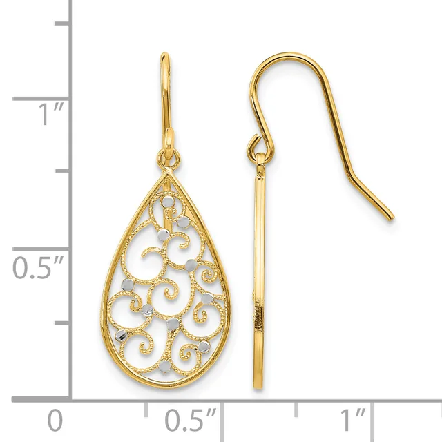 Gold teardrop filigree earrings with scrollwork design and fish hook backs, shown against a ruler measuring approximately one inch in length.