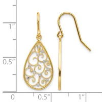 Gold teardrop filigree earrings with scrollwork design and fish hook backs, shown against a ruler measuring approximately one inch in length.