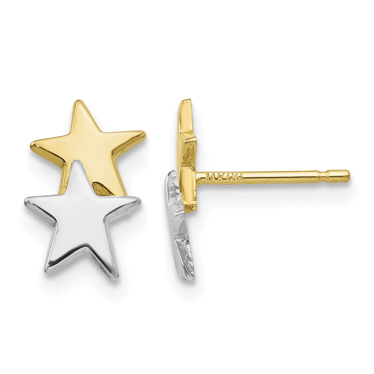 Two-tone star stud earrings with gold upper star and silver lower star, shown from front and side view with posts and backs visible.