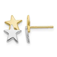 Two-tone star stud earrings with gold upper star and silver lower star, shown from front and side view with posts and backs visible.