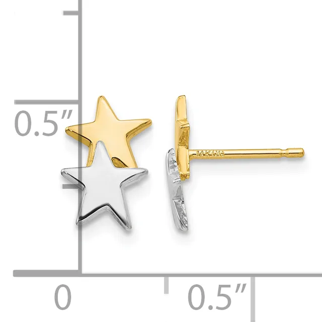 Two-tone star stud earrings with a gold star overlay and silver star backing, shown next to a measurement scale indicating approximately 0.5 inches in size.