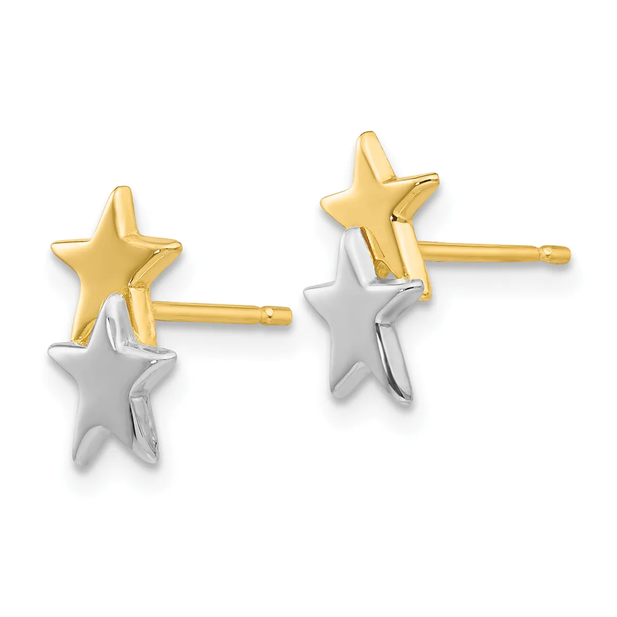 A pair of two-tone star stud earrings with gold upper stars and silver lower stars on gold posts.