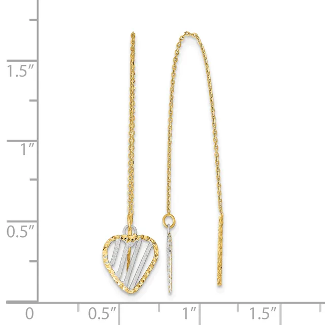 Gold-toned heart-shaped pendant necklace with clear striped stone center, shown next to matching chain and separate pendant detail against a measurement scale.