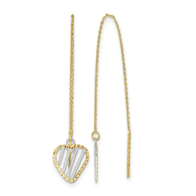 Gold-toned heart-shaped threader earrings with vertical striped clear crystal or glass center and twisted wire border, shown from front and side views.