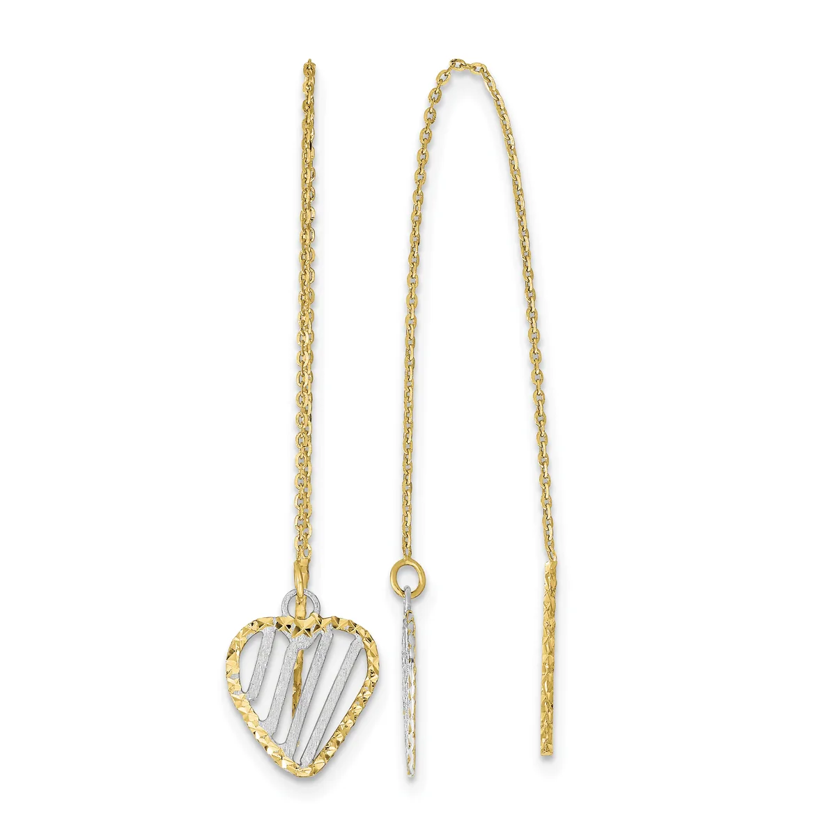 Gold-toned heart-shaped threader earrings with vertical striped clear crystal or glass center and twisted wire border, shown from front and side views.