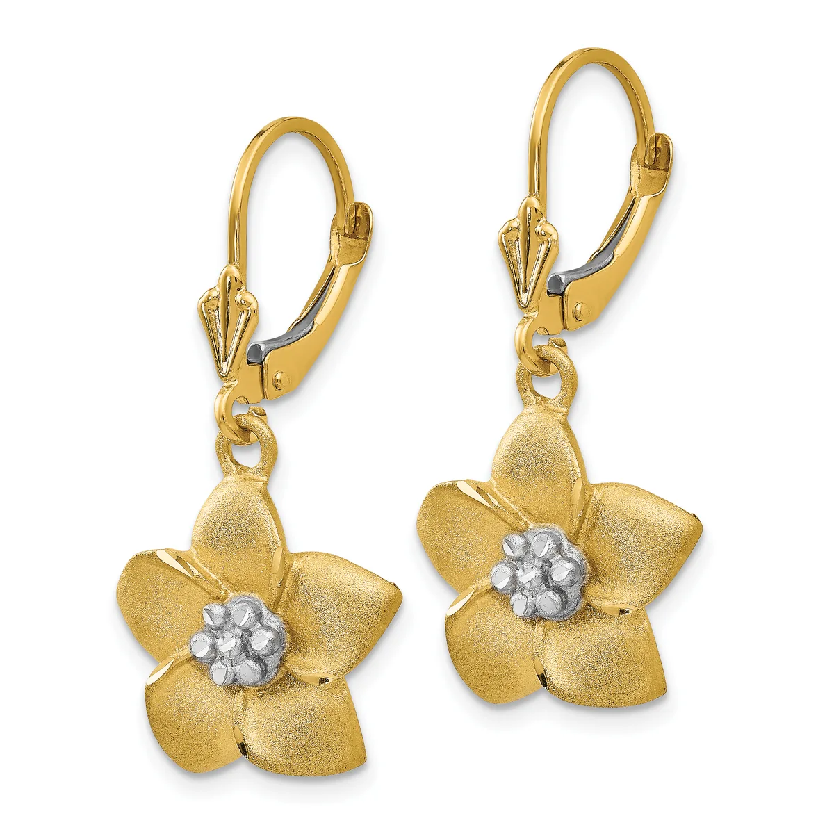 Pair of gold flower drop earrings with textured petals and white gemstone centers, suspended from lever-back hooks.