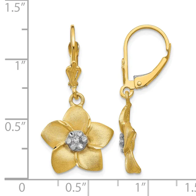 Gold flower earrings with five petals and a white stone center, shown on a lever back hook against a measurement scale indicating approximately one and one-quarter inches in length.