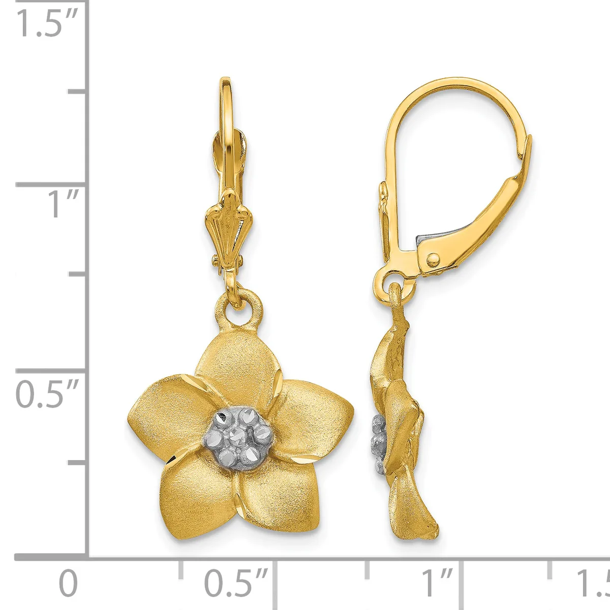 Gold flower earrings with five petals and a white stone center, shown on a lever back hook against a measurement scale indicating approximately one and one-quarter inches in length.