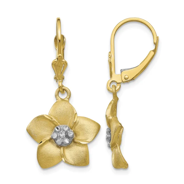 A pair of gold flower-shaped earrings with five petals and a white diamond or gemstone center, shown from front and side views with lever-back closures.