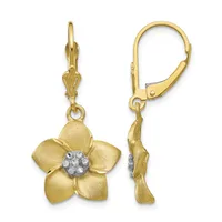 A pair of gold flower-shaped earrings with five petals and a white diamond or gemstone center, shown from front and side views with lever-back closures.