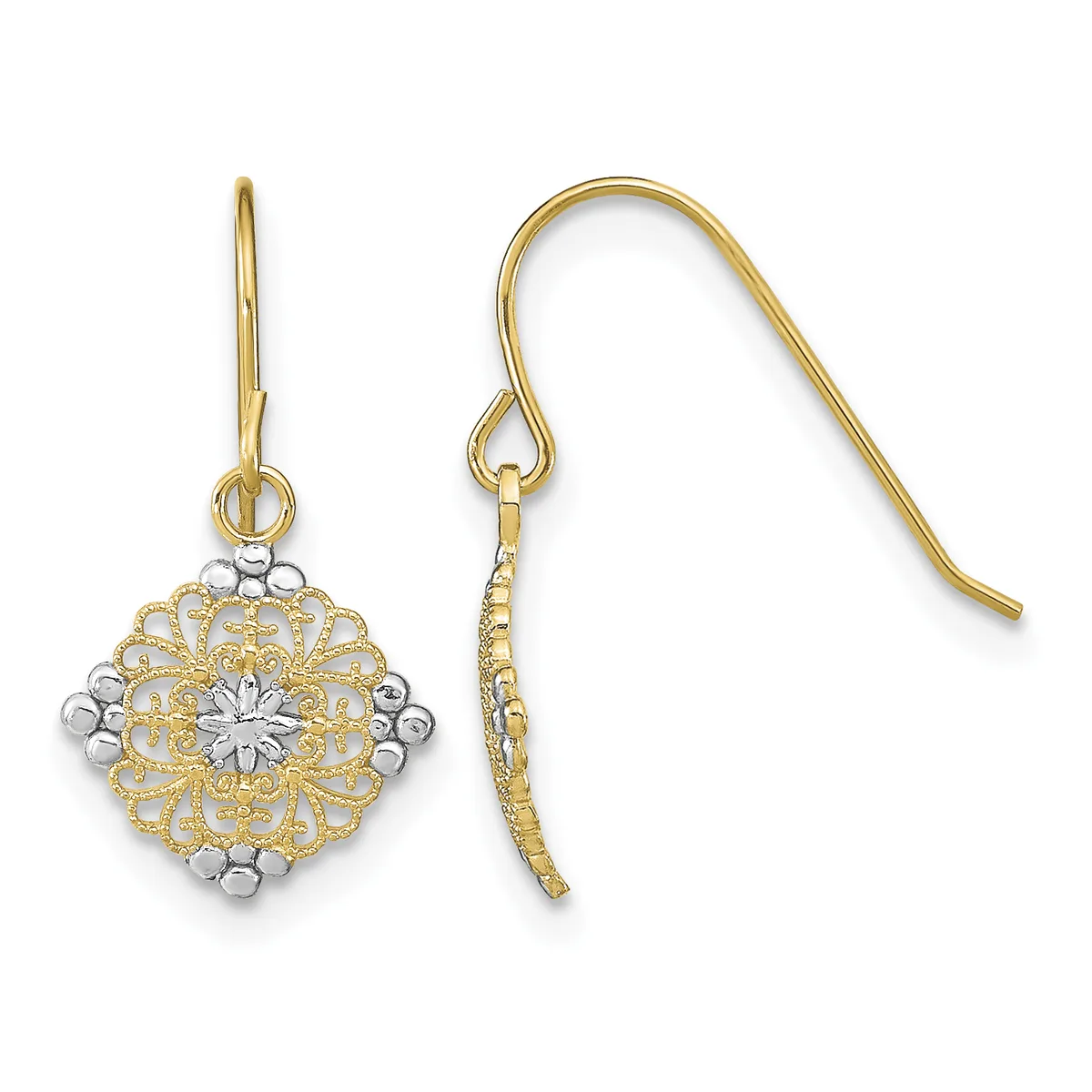 A pair of gold filigree earrings with white beaded accents, displayed against a white background showing both the front ornate pendant and the hook-style ear wire.