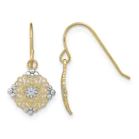 A pair of gold filigree earrings with white beaded accents, displayed against a white background showing both the front ornate pendant and the hook-style ear wire.