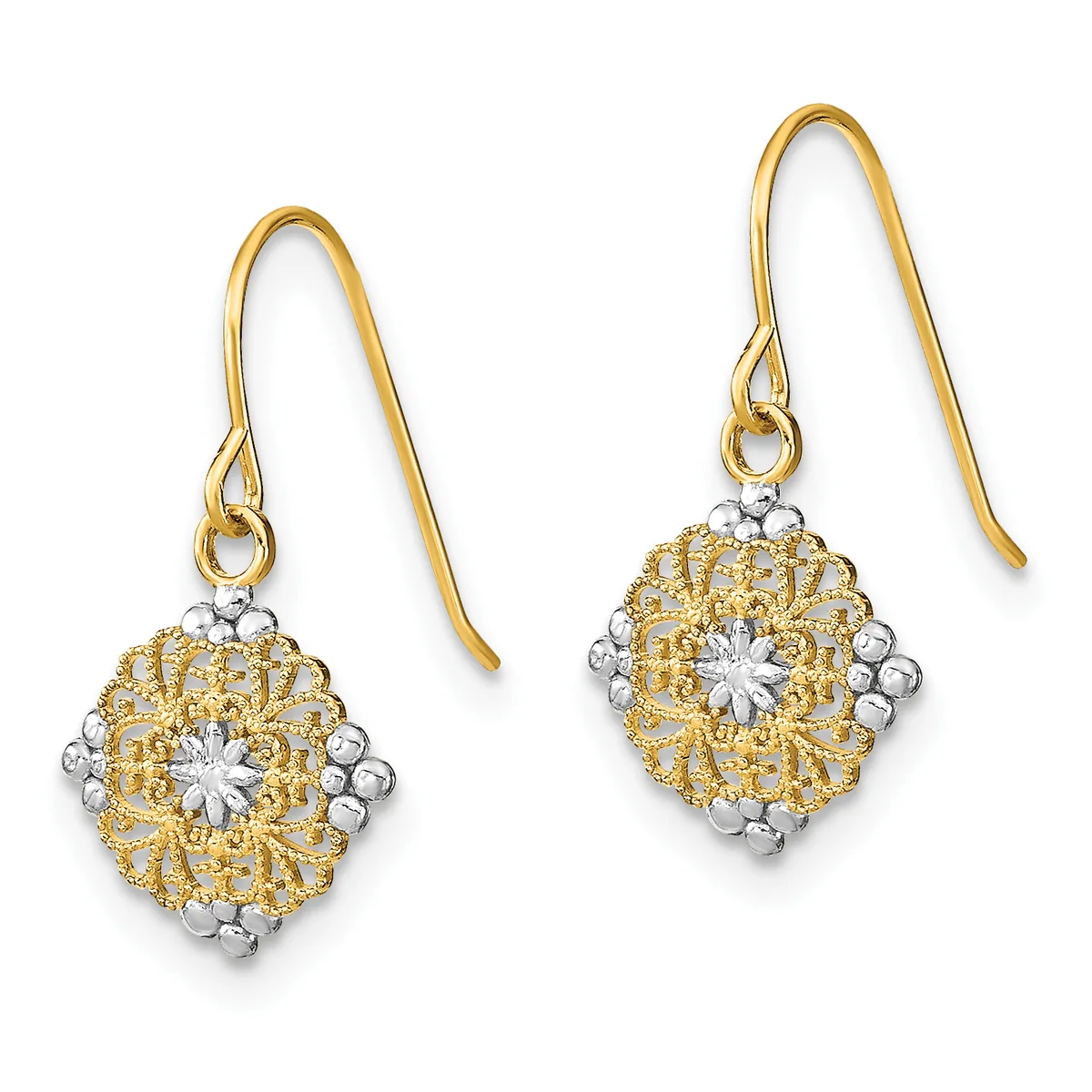 A pair of gold and silver two-tone drop earrings with ornate filigree diamond-shaped pendants and gold hook ear wires displayed against a white background.