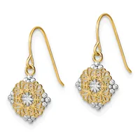 A pair of gold and silver two-tone drop earrings with ornate filigree diamond-shaped pendants and gold hook ear wires displayed against a white background.