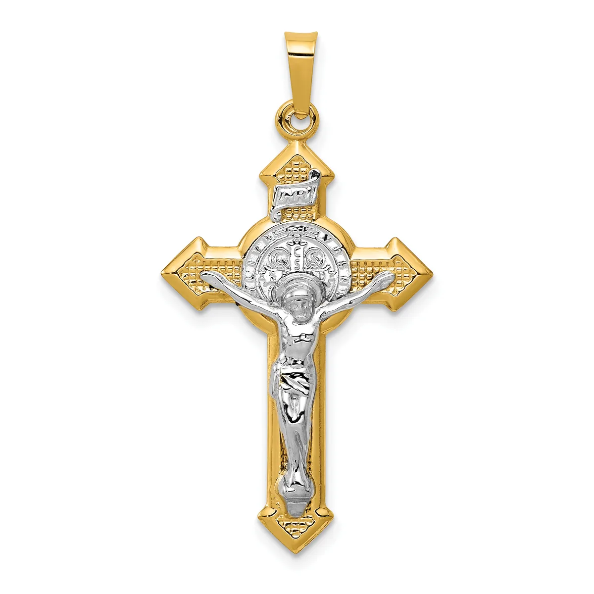Two-tone gold and silver crucifix pendant with ornate ends and a corpus figure, suspended from a bale.